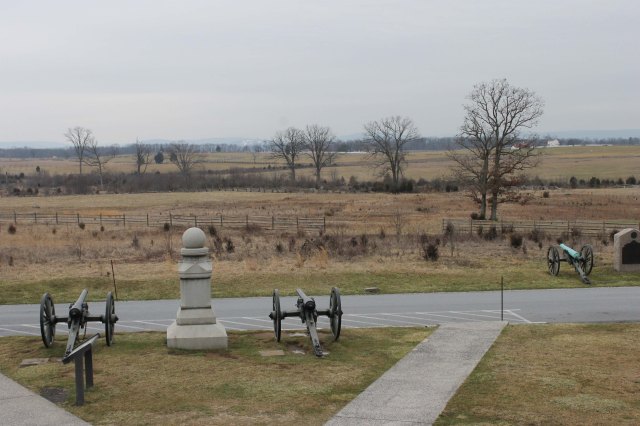 From the steps of the Pennsylvania Memorial looking west toward the Codori thicket - in the middle ground - and Emmitsburg Road - in the distance.  The 1st Minnesota charged directly west from this position.  Hamlin and Company F skirmished to the left and off the image.  NPS