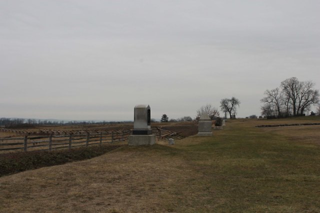 View from the right flank of the 1st Minnesota looking north toward the Copse of Trees and the Angle.  The regiment advanced over this ground toward the Angle to help close the breakthrough there.  Somewhere between this point and the Copse of Trees Hamlin was killed.  NPS