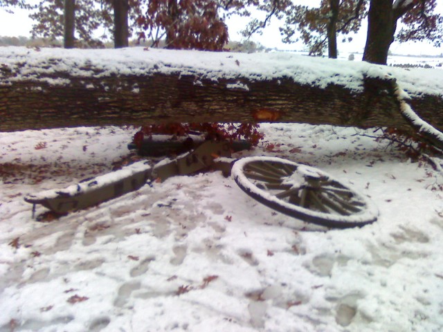 Cannon at Grandy’s Battery smashed by a fallen tree in the same Halloween snowstorm, 2011.